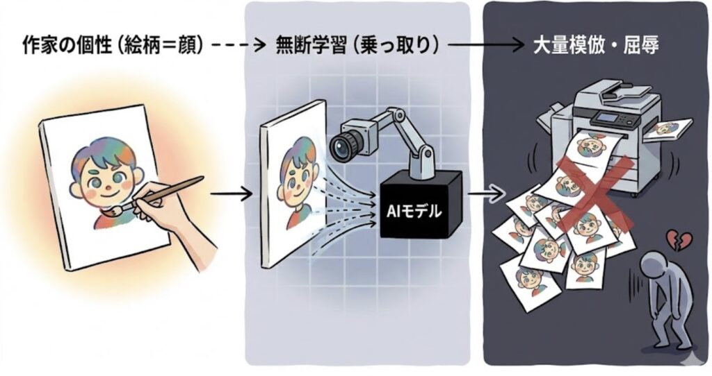 特定の作家の絵柄だけを学習させた「追加学習モデル」が無断で配布され、その作家のなりすましのような作品が大量に作られる事例もあります。

AIイラストのことが好きな人は、自分は努力していないのに他人の個性だけを奪う行為を嫌います。