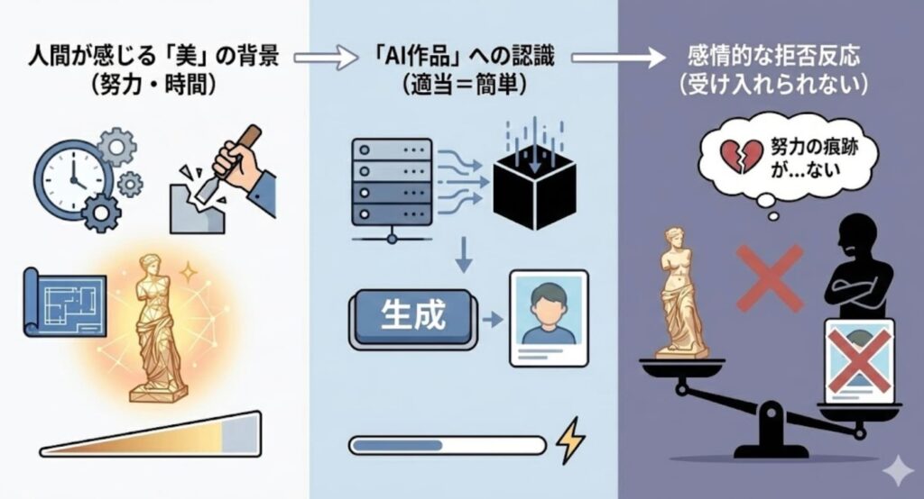 反AIの人は「AIで作った＝適当に作った」という価値観があるため、感情的に受け入れられないのです。

人間は時間をかけて作られたものや、作者の努力の背景が見える作品を美しいと感じるのです。