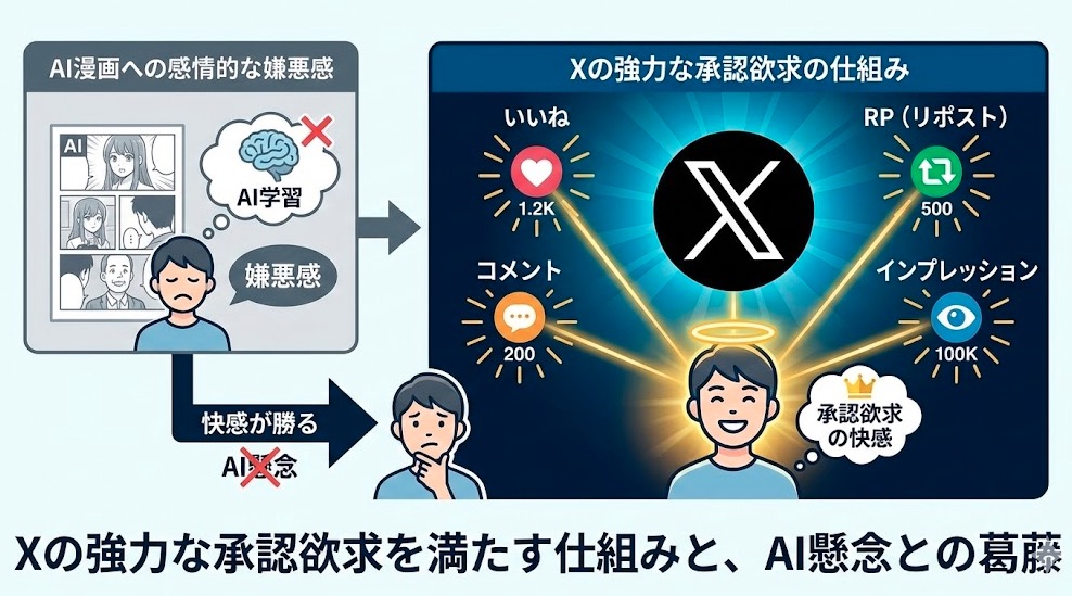 には他のSNSでは得られない強い承認欲求を満たす仕組みがあります。
いいね
RP(リポスト)
コメント
インプレッション
など、自分のアカウントに反応をもらえるとやはり嬉しいものです。AI学習への懸念があっても、自分の投稿が多くの人