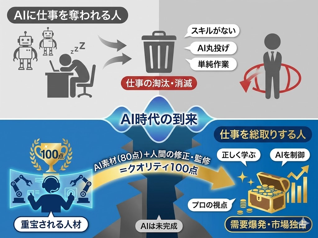 確かに、AIは「スキルがない人」や「AIに丸投げするだけの人」の仕事は奪いました。しかし、「正しく学び、AIを制御できる人」の仕事までは奪っていません。

理由はシンプルで、AIはまだ完璧ではないからです。

AIが作った80点の素材を、プロの視点で修正し、クオリティを100点に引き上げる。この「監修・修正」ができる人材は、AI時代において以前にも増して重宝されています。